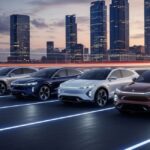 A cinematic shot of a fleet of six luxury electric SUVs, in different colors, lined up on a reflective, dark surface with a modern city skyline and dramatic lighting in the background.