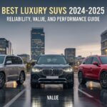 A composite image showcasing various luxury SUVs. The top section features a sleek, silver Mercedes-Benz GLE-Class driving on a mountain road, with a blue sky in the background. The middle panel shows a dynamic shot of a white Genesis GV70 in motion, highlighting its sporty design. The bottom section displays a dark Lexus RX 350 parked, emphasizing its clean lines and sophisticated appearance.