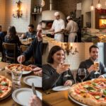Best Pizza in Niagara Falls - A photo collage with four panels showing different scenes from a pizza restaurant. The images feature customers dining at tables with large pizzas in the foreground and a kitchen staff preparing pizzas in front of a wood-fired oven.