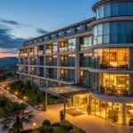 Comfort Inn Fallsview - An exterior shot of a modern hotel building at dusk. The hotel has several stories with large windows, and a semi-circular glass facade. The foreground shows a well-lit walkway with landscaped gardens and palm trees. The background features a panoramic view of a city and a scenic landscape under a sky with a sunset.