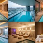 A collage of six images showing the interior and exterior of Balian Springs Spa, including indoor pools with jacuzzis, a rooftop outdoor pool with a city view, a sauna with Himalayan salt walls, and a relaxation room with daybeds.