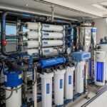 A man in a polo shirt and khakis is inspecting a complex, industrial-grade freshwater filtration and care system on the deck of a yacht. The system includes large stainless steel tanks, multiple white and blue cylindrical filters, and various gauges and pipes, with other yachts visible in the background.