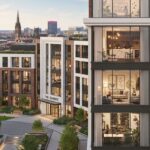 Crowne at Grandview- A modern, multi-story apartment complex with a contemporary design and large windows. The building, named "THE SUMMIT," features a shared courtyard with landscaped greenery and benches. The windows reveal various interior spaces, including a kitchen, living room, and a gym with exercise equipment. In the background, a bustling city skyline is visible, with a prominent spire of a historic building.