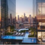 A view of a modern high-rise luxury apartment building with a rooftop pool and patio area. The building features a glass facade and spacious balconies. The interiors of several units are visible, showcasing modern, well-lit living spaces, kitchens, and bedrooms. A city skyline is in the background at sunset.
