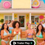 A group of young adults, dressed in beach attire, are laughing and celebrating in front of a brightly decorated yellow beach house, with a "Trailer Play" button overlay, suggesting a promotional still for a TV show.