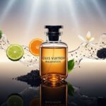A bottle of Louis Vuitton Imagination perfume with notes of bergamot, orange, lime, tea, and jasmine flowers suspended in a clear, flowing liquid around it.