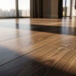 A close-up, ground-level shot of a clean, polished luxury vinyl plank (LVP) floor with a rich, dark wood grain pattern. Sunlight streams in from a large window on the left, casting a shadow and creating a glossy reflection that highlights the realistic texture of the planks.