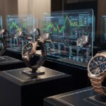 A professional portrait of a man in a business suit, presumably a corporate executive, standing in a sleek, modern office. Behind him, a large display screen shows the text "THE WATCHES OF SWITZERLAND GROUP PLC" and "OUTLOOK," along with other financial information.