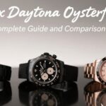 A clean, studio-style composite image comparing different Rolex Daytona models with the Oysterflex bracelet. The watches are shown with cases in yellow gold, white gold, and Everose gold, each featuring a black ceramic bezel and a black Oysterflex bracelet.