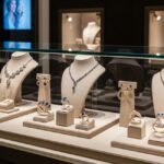 A close-up photograph of a luxury jewelry store display case. The case contains several sets of fine jewelry, including necklaces, earrings, and rings, all featuring large blue and green gemstones (such as sapphires and emeralds) and pavé diamonds, presented on white display busts.