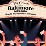 An illustration of a theatrical marquee for "The Crown Tickets Baltimore 2025-2026," with the text "How to Buy and What to Expect." In the foreground, a group of diverse and smiling people are raising their tickets in the air, celebrating in front of a brightly lit stage.