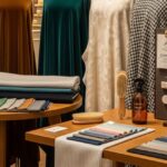 A display of various luxury fabric samples in different colors and textures on wooden tables. Rolls of fabric are seen in the background, including velvet, silk, and a patterned material. A "Fabric Guide" booklet and brushes are also on the table.