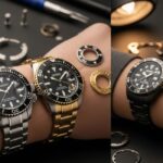 A split image showcasing two custom-built Seiko watches with black dials, white text, and Mercedes hands, modified with Yacht-Master style bezels. The left image shows a stainless steel and a two-tone steel/gold watch, and the right image shows a black PVD and a full gold-colored watch, surrounded by watchmaking tools and components.