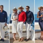 A triptych of three stylish couples on a yacht deck, dressed in luxurious nautical-themed outfits predominantly featuring navy, white, and red, demonstrating elegant yacht day trip and party attire.