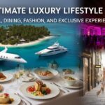 A composite image showcasing various aspects of a luxury lifestyle. The largest section on the left features a private jet and a yacht near a tropical island, with a table set for a gourmet meal in the foreground.