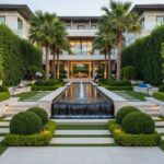A striking, symmetrical luxury landscape in front of a modern mansion. The design features a long, tiered water fountain running down the center, flanked by perfectly manicured hedges, rows of pink flowers, and palm trees. The paths are made of large, light-colored pavers with grass inserts, and the entire property is enclosed by tall, dense privacy hedges.