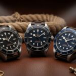 A professional photograph of three Tudor Black Bay Fifty-Eight watches on a brown leather surface. The watches include black and blue dial versions with both leather and textile straps, and are displayed with nautical props like a compass and rope in the background.