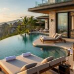 Luxury Escapes : A flat lay image showcasing items for a luxury vacation, including a blue passport, a stack of international currency, several credit cards, a pair of sunglasses, a smartphone, a notebook, and a watch on a light surface.