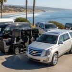 A sleek, modern Mercedes-Benz Sprinter luxury van is parked in a scenic location in Orange County, California, with a view of the coast or a palm-lined street. The van is pristine, with tinted windows and a professional finish, highlighting its appeal for high-end group travel, airport transfers, or corporate events.