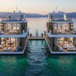 An aerial view of two large, modern, white floating homes (yacht houses) moored side-by-side in a calm bay with clear turquoise water, featuring large glass walls, multiple terraces, and luxury outdoor furniture.