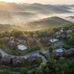 An aerial view of log cabins and resort buildings clustered on a lush, forested ridge overlooking the Smoky Mountains at sunrise. Rays of sunlight break through the morning mist and fog settling in the valleys between the rolling hills.