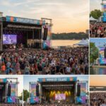 A collage of images from a large outdoor music festival held on an island or waterfront, with a large crowd gathered in front of a main stage labeled "MINNSÖP ISLAND." The images show the stage set up, a band performing, and the large audience area, with the sunset visible over the water and a banner suggesting a "Yacht Club Festival."