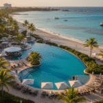 An aerial view of the luxurious Curaçao Marriott Beach Resort at sunset, showcasing a large, curving infinity pool with a swim-up bar, surrounded by lush palm trees, a white-sand beach, and the stunning turquoise Caribbean Sea with boats anchored offshore.