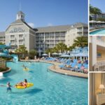 A collage of images for Disney's Beach Club Resort, showing the large, light-blue New England-style resort building, the Stormalong Bay pool area with a water slide, and interior views of a two-story suite and a standard guest room.