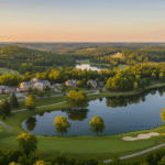 An aerial view of the picturesque Oglebay Resort grounds at sunset, showing the central stately buildings, a large reflective lake, multiple golf course fairways and greens, all surrounded by lush green West Virginia rolling hills and forests.