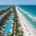 A bright, modern luxury hotel room with a king-size bed and a coral-colored living area, featuring a sliding door that opens to a private balcony with two chairs and a stunning view of the blue Caribbean Sea.
