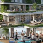 A collage of images showing a luxury, high-rise building with a green, living wall in Singapore. It features multiple outdoor terraces with elderly residents enjoying a resort-style setting: sun loungers by a pool, a string quartet and piano player performing on a balcony, and groups participating in activities like yoga and social dining.