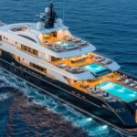 An aerial view of the luxurious superyacht Octopus underway on the ocean at dusk, showcasing its dark blue hull, white superstructure, and multiple amenity decks.