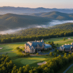An aerial view of the luxurious Primland Resort lodge and golf course, majestically situated atop a mountain and surrounded by dense, mist-covered Appalachian forests and rolling blue ridges at sunrise.