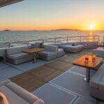 A view of a luxury yacht's deck at sunset, featuring a mixture of light gray non-skid material and a central section of traditional teak or composite wood decking. The deck is furnished with plush light-colored, modular outdoor seating and low tables with cocktails, emphasizing the luxurious and functional design.