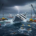 A dramatic, stormy illustration showing a large white superyacht listing heavily and sinking in rough dark water, with lightning flashing in the sky. Two salvage barges with large yellow buoys and cranes are positioned on either side, attempting to stabilize the vessel, while rescue boats and floating debris (chairs, equipment) are in the foreground.