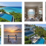 A collage of five luxury travel images showcasing various Auberge Resorts Collection properties, including an infinity pool overlooking a turquoise ocean, elegant interior suites, a couple enjoying a beachfront dinner at sunset, and a terraced beach villa.