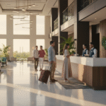 Guests check in at the reception desk in a brightly lit, modern hotel lobby featuring white marble floors, high ceilings, large windows, and contemporary light fixtures. Potted palms and comfortable lounge seating are visible on the left.