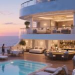 A luxurious outdoor area on a cruise ship at sunset, featuring a swimming pool, sun loungers, and two upper deck terraces with seating and dining areas, all part of the MSC Yacht Club experience.