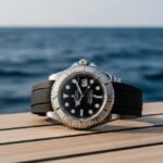 A close-up shot of a Rolex Yacht-Master on an Oysterflex bracelet with a black dial and a platinum bi-directional bezel, resting on the wooden deck of a yacht with the deep blue ocean water in the background.