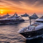 A panoramic view of two prominent superyachts featured in the Below Deck franchise, one being a large motor yacht with a multi-deck white superstructure and the other a sleek sailing yacht with tall masts, both anchored in a sunny, turquoise bay, illustrating the variety of vessels across the seasons and spin-offs.