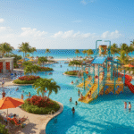A sunny panoramic view of a sprawling all-inclusive family resort pool complex, featuring a large, brightly colored water play structure with slides, surrounded by palm trees, sun umbrellas, and resort buildings, with the ocean visible in the background.