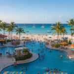 Aerial view of a large, curved swimming pool at a family-friendly all-inclusive resort in the Bahamas, next to a white-sand beach with palm trees and sailboats in the turquoise water.