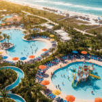 An aerial shot of a luxury family resorts Florida showing multiple swimming pools, a winding lazy river or water slide, a separate kids' water play area, palm trees, colorful umbrellas, and direct access to a wide, turquoise-water beach.