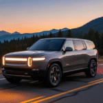 A side profile of the Rivian R2 prototype during a media test drive. The electric SUV features silver-and-orange camouflage wrap and signature oval headlights.