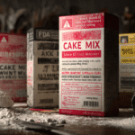 A red and white box titled "Cake Mix" sits prominently on a kitchen counter with a large triangular warning symbol at the top.