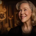 A portrait of a smiling woman with wavy blonde hair wearing a black dress and gold necklaces, set against a warm, blurred background of vintage film reels.