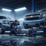 Two mechanics in blue uniforms work on a transmission component in a brightly lit automotive workshop, with two large SUVs visible. The detailed mechanical work underscores the complexity of resolving serious vehicle issues like transmission problems.