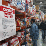 Official warning for the Costco Recall Mini Beignets showing the packaging of the caramel-filled variety. The image highlights the red "Urgent" banner and the product's item number #1181272 for quick identification.