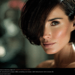 A close-up portrait of a woman with short, dark, layered hair and a subtle, knowing smile, her gaze direct and captivating. Her expressive eyes and elegant features hint at a rich personal life and a career marked by transformations.