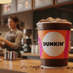 A large 48oz Dunkin' iced coffee bucket with condensation, prominently displayed on a cafe counter. A barista prepares drinks in the background, creating a lively coffee shop atmosphere.